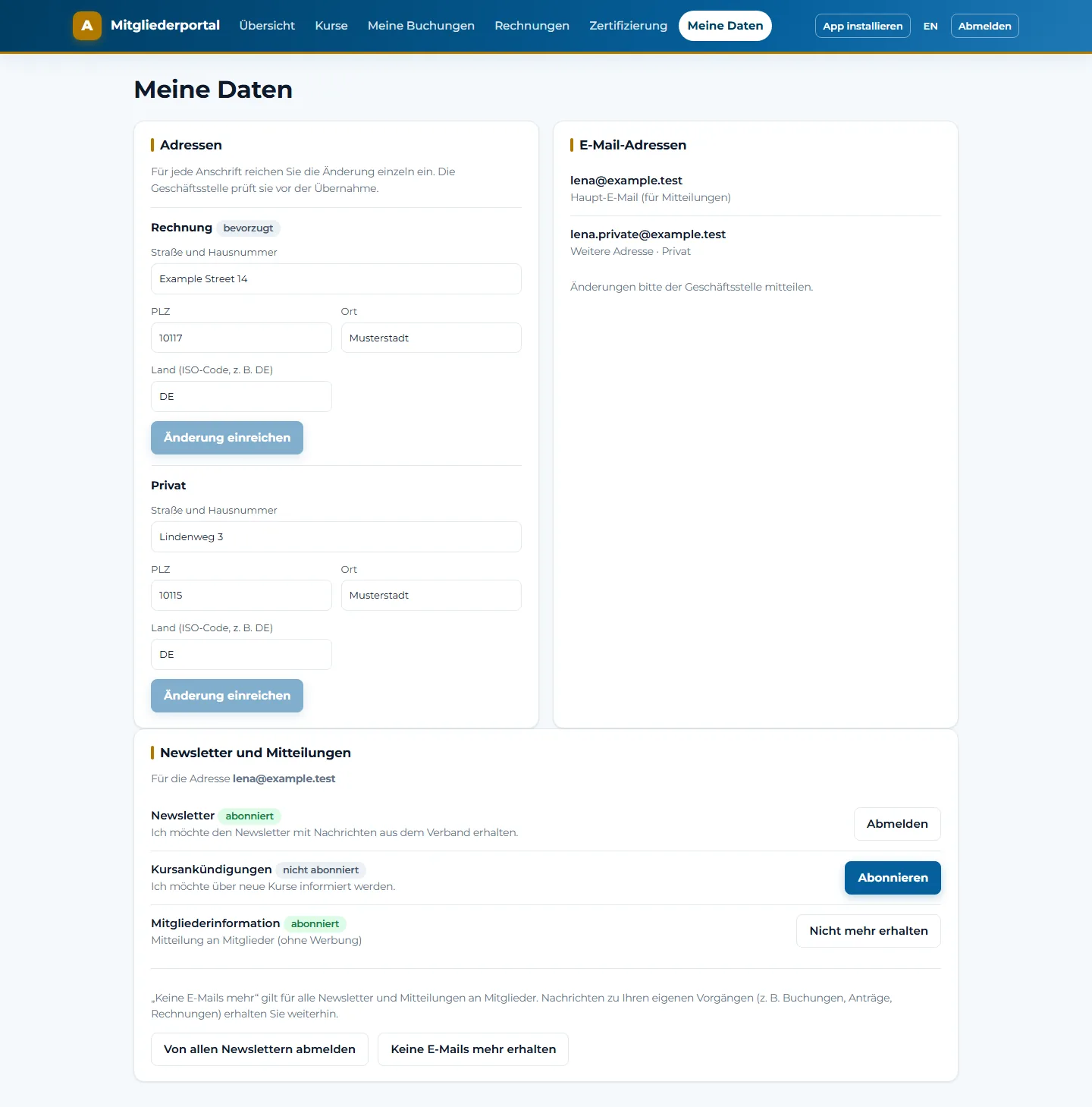 Données personnelles dans le portail des membres : adresse de facturation et adresse privée, demandes de modification, adresses e-mail et préférences de newsletter