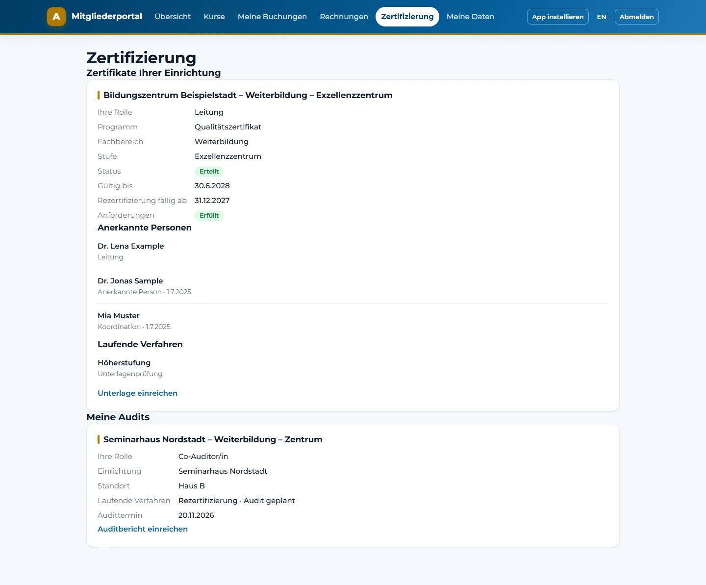 Espace de certification dans le portail des membres : certificat de l’établissement, personnes reconnues, procédure en cours et audit attribué