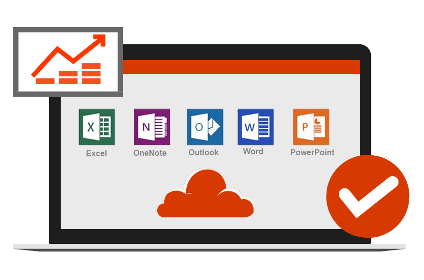 Office 365 Beratung - Ihre professionelle Beratung rund um Microsoft Office Ein Laptop, auf dem Laptop werde die Office Anwendungen und eine Wolke in Orange angezeigt. Unten rechts ist ein Haken in Orange und oben links ist eine Statistik.